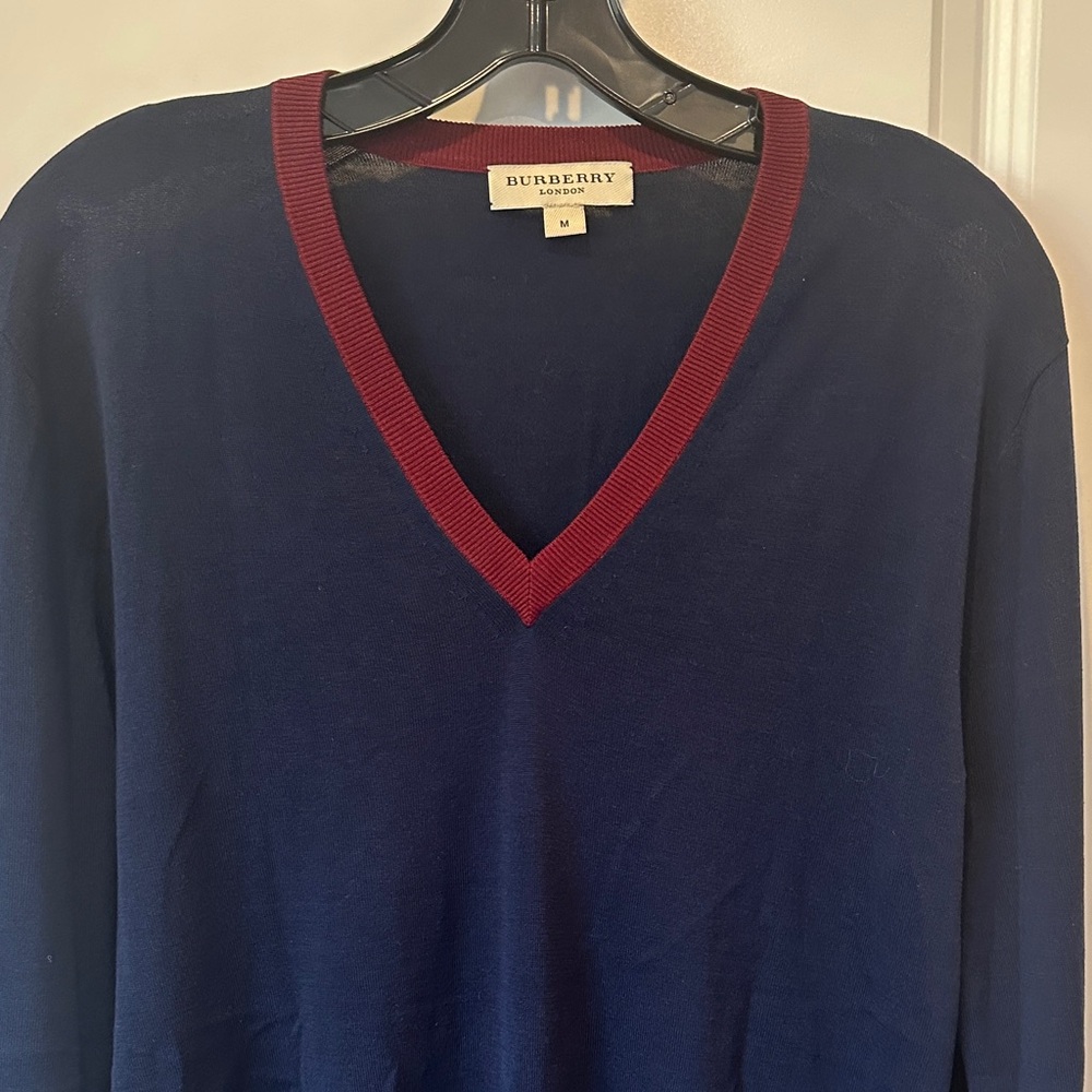 Burberry V-Neck Sweater in Navy with Red Accents
